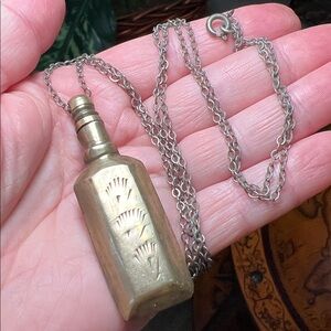 Vintage Antique Etched Brass Perfume Bottle Dauber Pendant Silver Chain Necklace